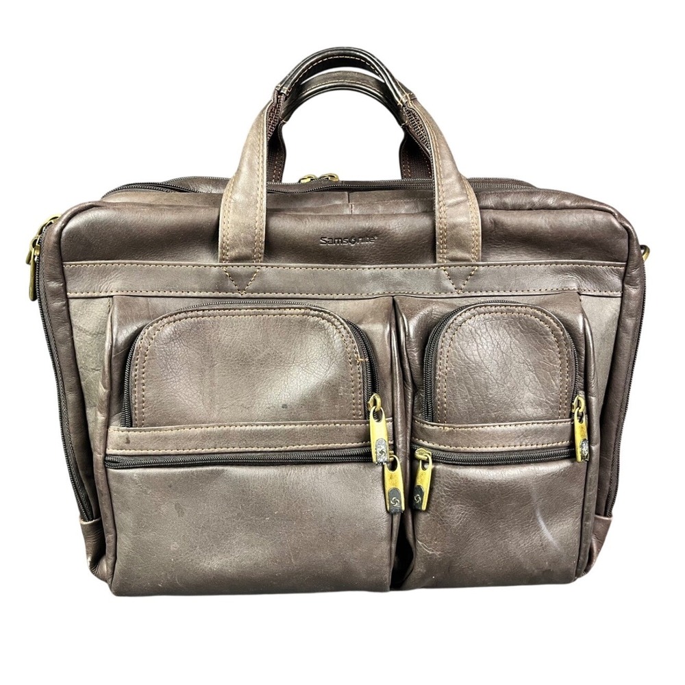 Samsonite Brown Leather Expandable Briefcase Laptop Bag Professional Messenger